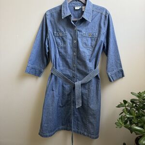 Chico Denim Dress Blue Chambray 3/4 Sleeve Button belted shirt dress Size Large